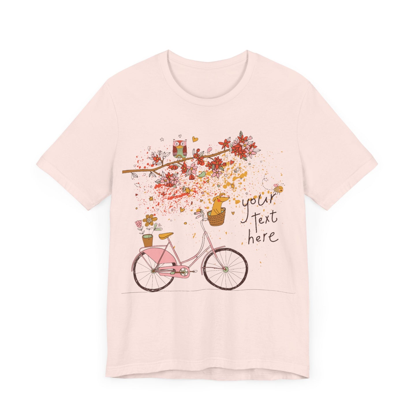 Women, men, unisex jersey short round neck sleeve tee, summer clothes, casual wear, flowers, dog in bicycle