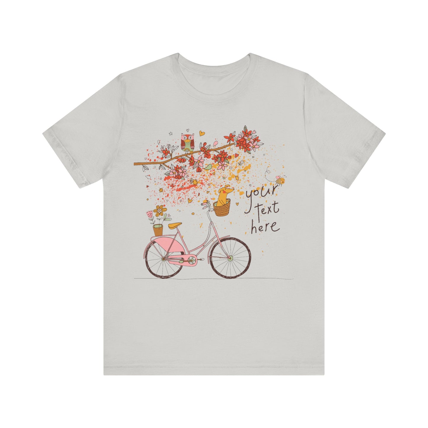 Women, men, unisex jersey short round neck sleeve tee, summer clothes, casual wear, flowers, dog in bicycle