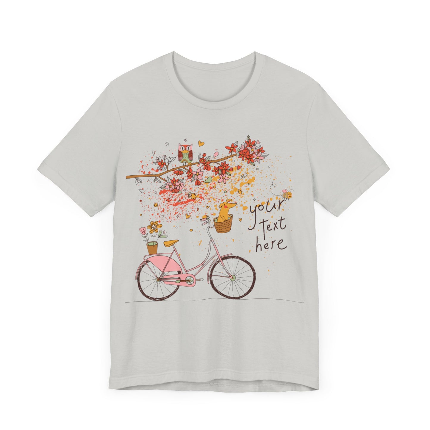 Women, men, unisex jersey short round neck sleeve tee, summer clothes, casual wear, flowers, dog in bicycle