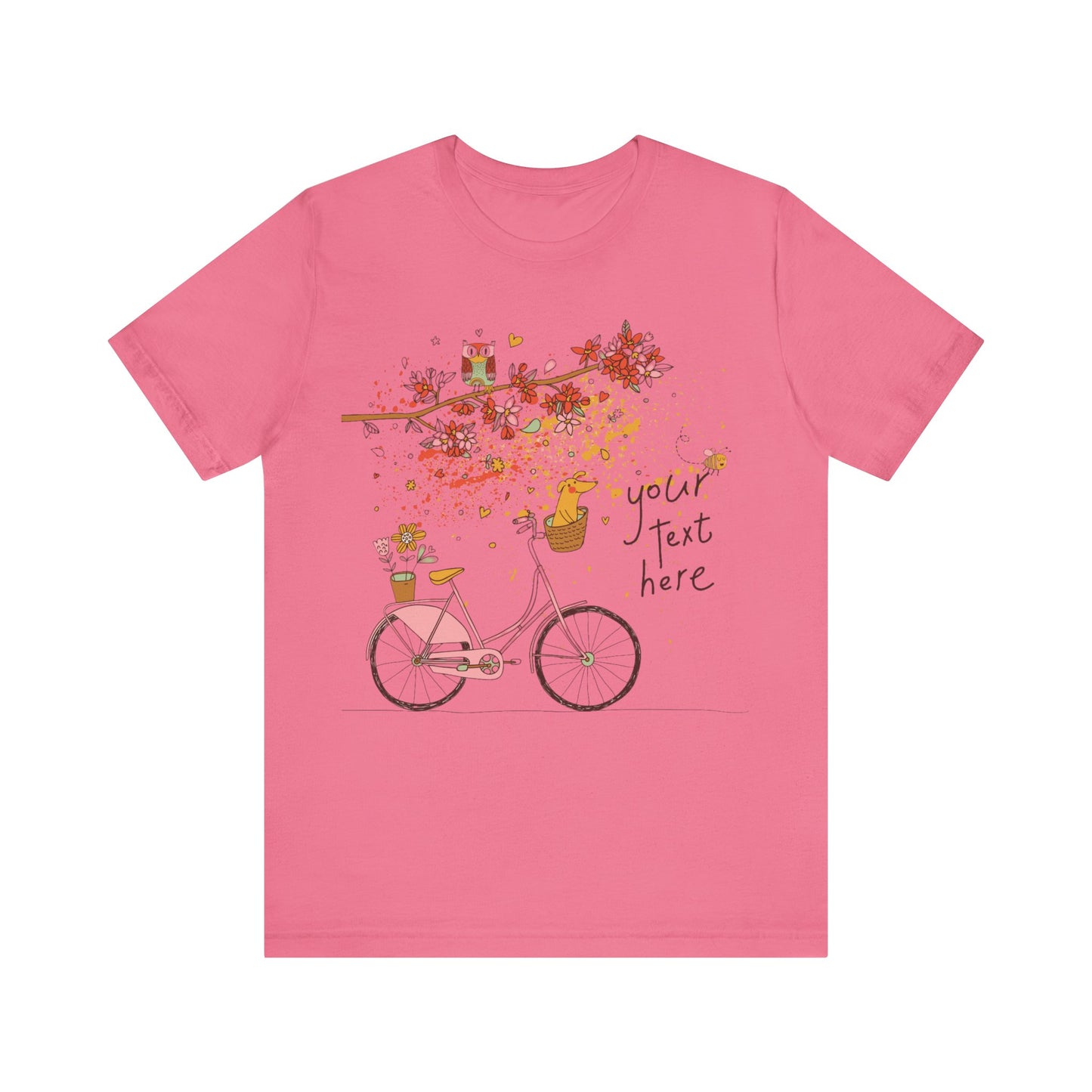 Women, men, unisex jersey short round neck sleeve tee, summer clothes, casual wear, flowers, dog in bicycle