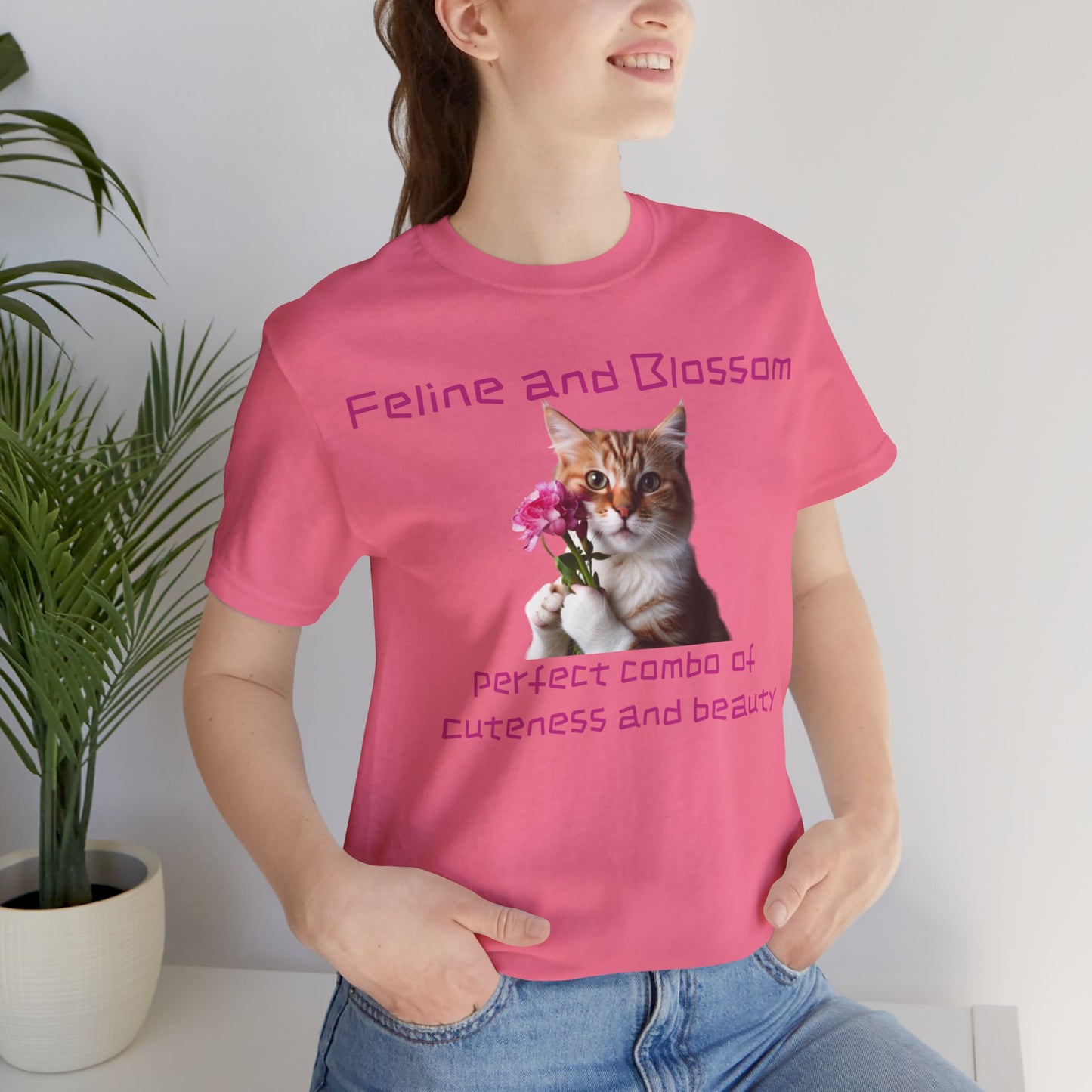 Adorable cat and flower t-shirt, feline, blossom, unisex jersey short sleeve tee