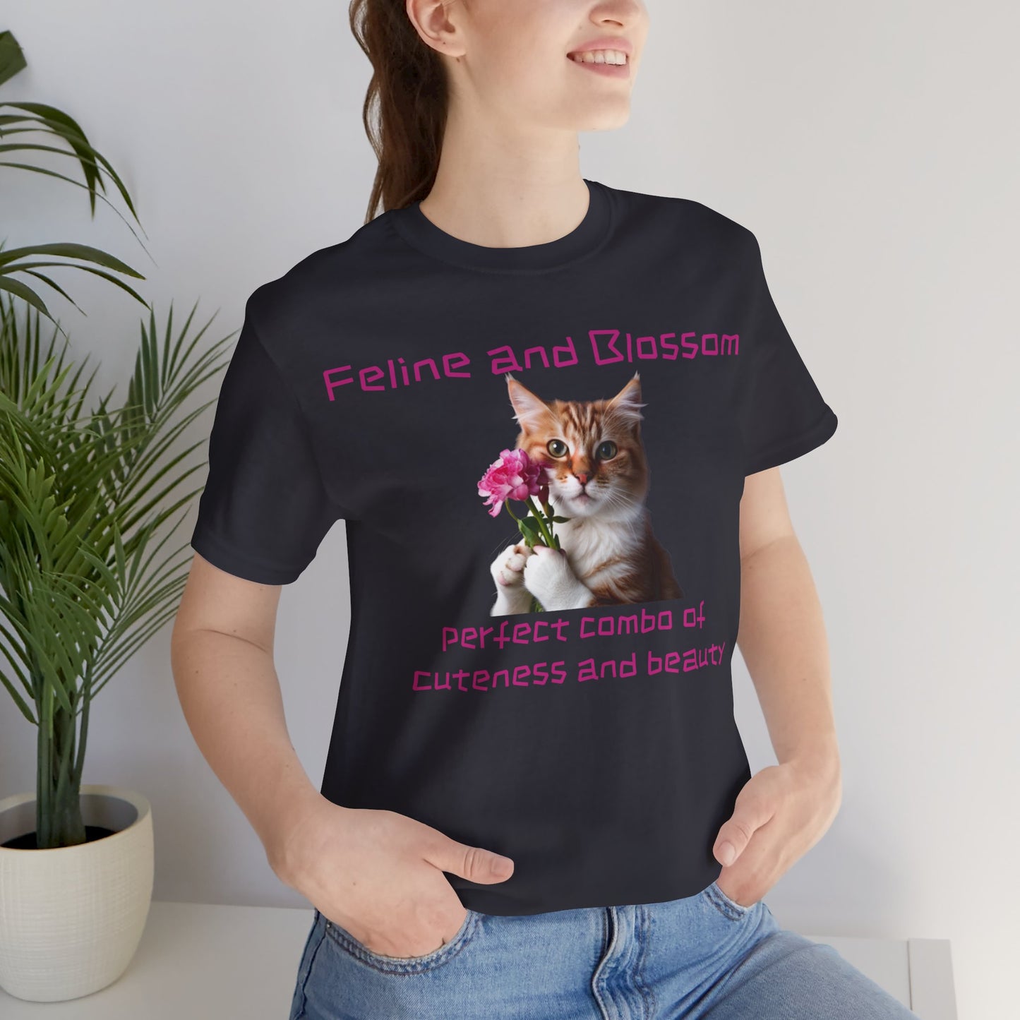 Adorable cat and flower t-shirt, feline, blossom, unisex jersey short sleeve tee