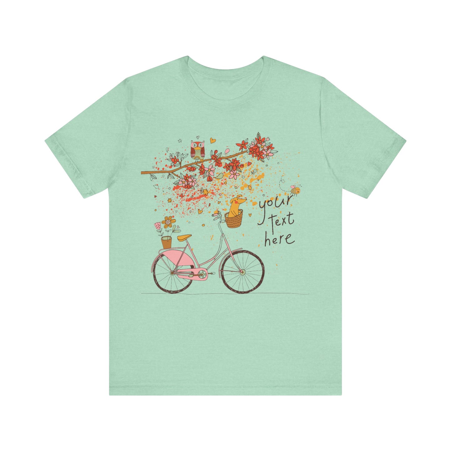 Women, men, unisex jersey short round neck sleeve tee, summer clothes, casual wear, flowers, dog in bicycle