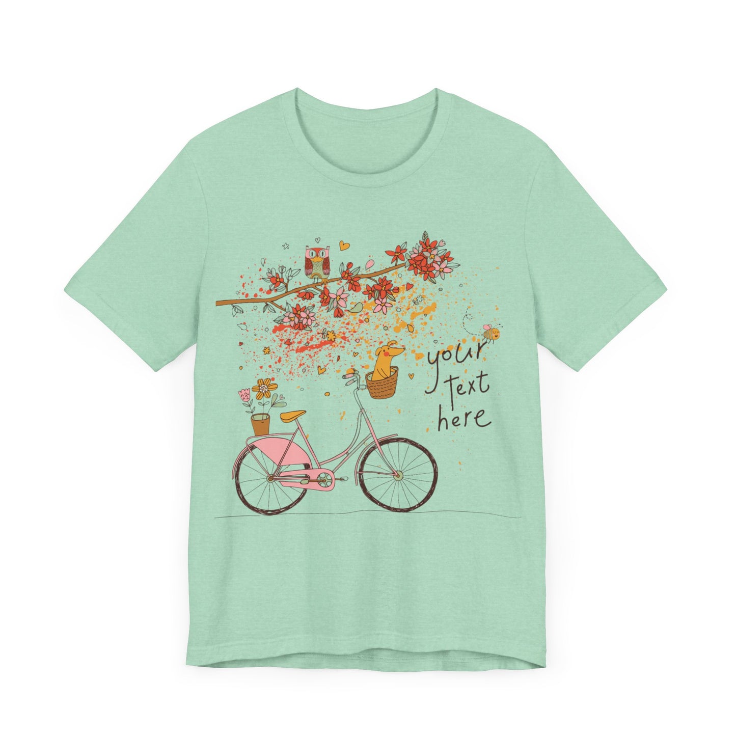 Women, men, unisex jersey short round neck sleeve tee, summer clothes, casual wear, flowers, dog in bicycle